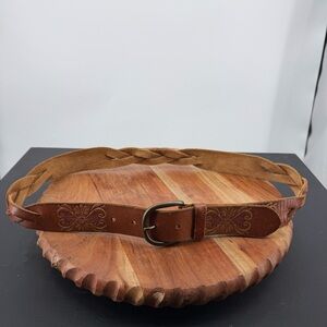 Vtg Aeropostale Brown & gold genuine leather BoHo belt braided floral embossed L